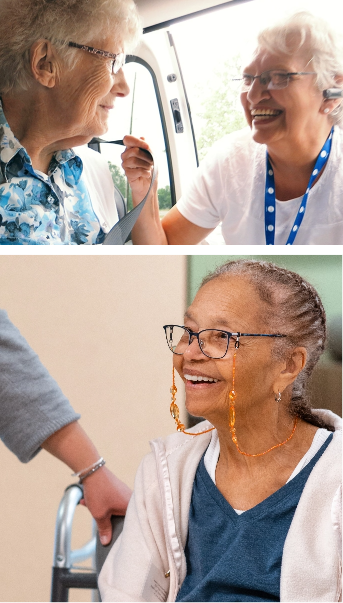 Two image collage. One of staff member helping a client into a car. The second is a close up of an older adult client.