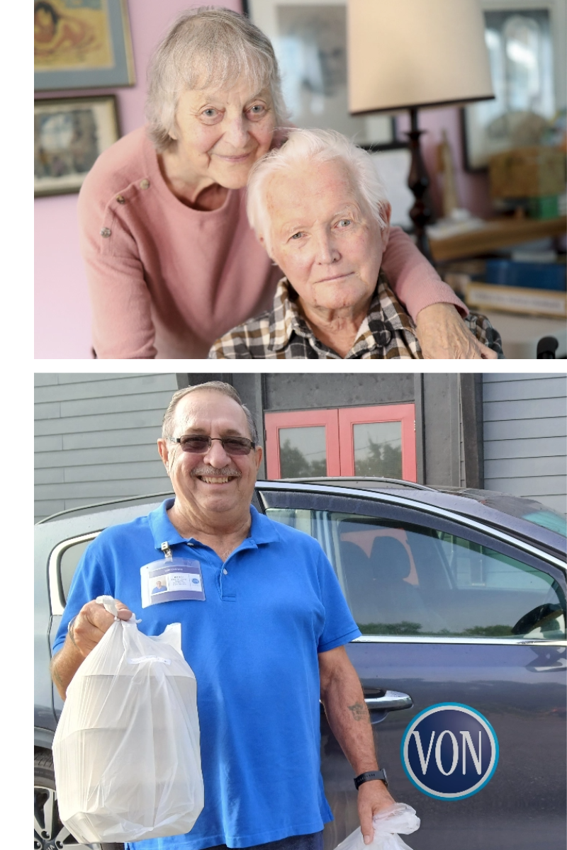 Collage of two images, the top image: an older woman wearing a pick sweater, embracing and standing behind her male partner who is seated. The second image: A male VON volunteer wearing a blue t-shirt and sunglasses holding a bag of meals and standing in front of a blue car with the VON logo.