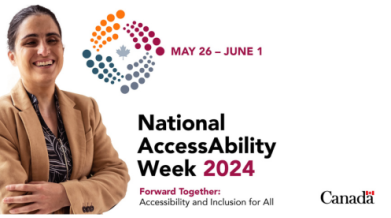 The visual includes the text: May 26 to June 1. National AccessAbility Week 2024. Forward Together: Accessibility and Inclusion for all.  Text is followed by the photo of a smiling woman with her arms crossed.  The visual ends with the Canada Wordmark.