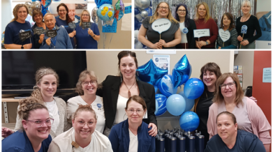 A collage of various staff celebrating with blue, silver and white balloons. The VON Connect logo is in the bottom right corner which includes the VON blue pin logo and three circles on the right that have silhouette of client, practitioner and family within.
