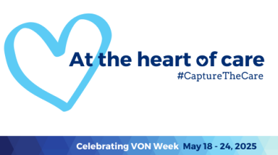 Logo for VON week 2025 theme featuring a blue heart and words that say 'at the heart of care #capturethecare' and 'celebrating VON Week May 18-24, 2025'