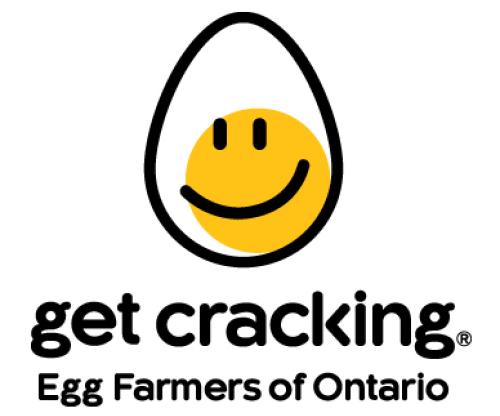 Egg Farmers of Ontario logo: Cartoon outline of an egg with smiley face. Text at the bottom "get cracking, Egg Farmers of Ontario"